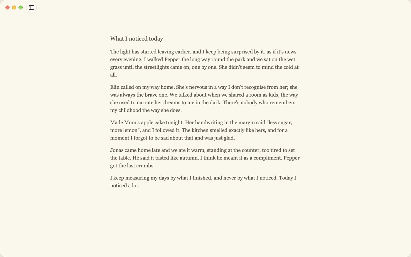 Unwritten with the sidebar hidden, showing only the page of writing