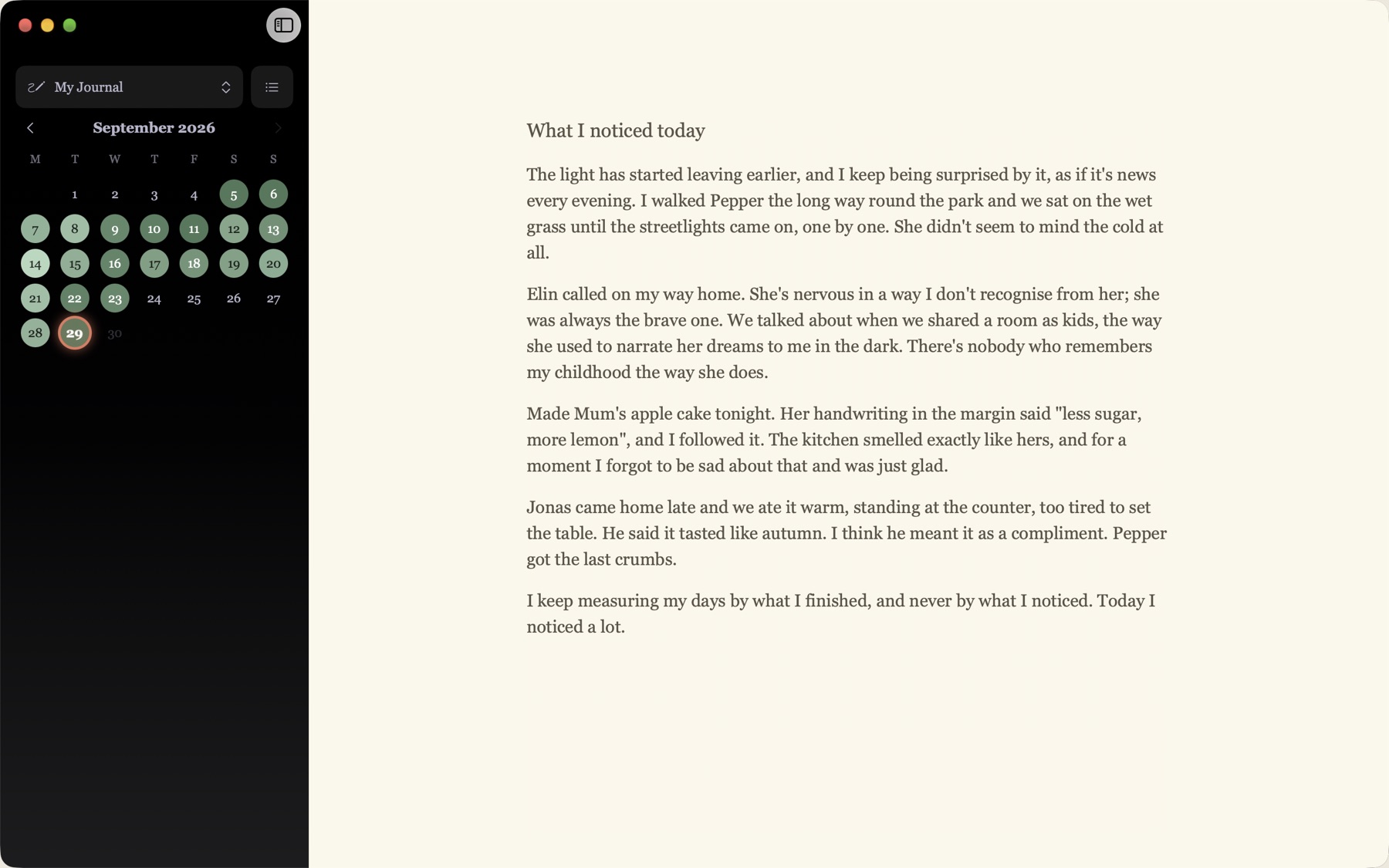 Unwritten on the Mac: a calendar sidebar with written days shaded green, and today's entry on a cream page
