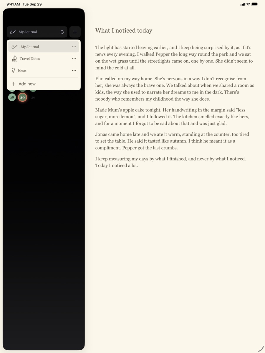 Unwritten on iPad with the journal picker open, listing My Journal, Travel Notes and Ideas